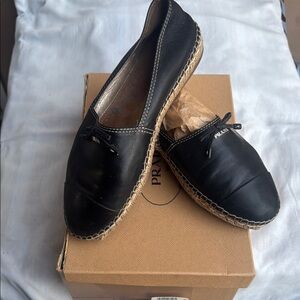 Prada Black Leather Espadrilles with Braided Jute Sole